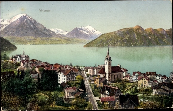 Ak Vitznau Kanton Luzern,  Berge, See, Kirche, Häuser, 