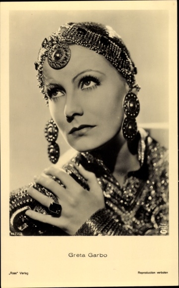 Postcard actress Greta Garbo, portrait, earrings, ring