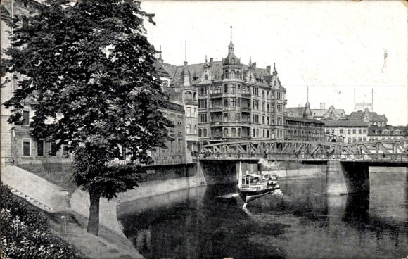 Postcard Poznań Posen, city view with Wallischei Bridge, boat on the water, architecture
