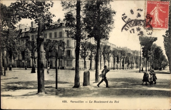 KP Versailles Yvelines, Boulevard du Roi, drzewa, widok ulicy, ludzie, stempel pocztowy