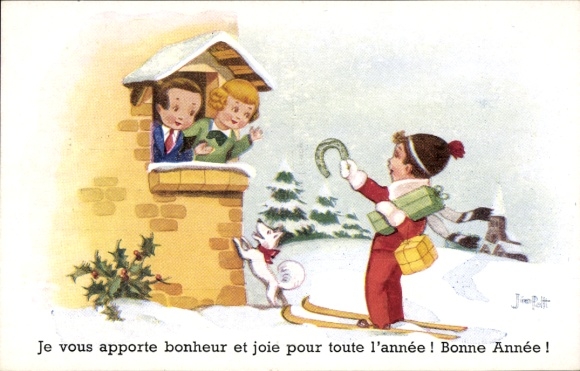 Artist Postcard Patt, Jim, Happy New Year, boy on skis, horseshoe
