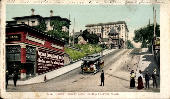 Postcard Seattle Washington USA, Madison Street, Cable Incline, Bank