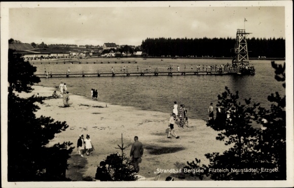 Postcard Neustädtel Schneeberg in the Ore Mountains, Bergsee beach, Filzteich