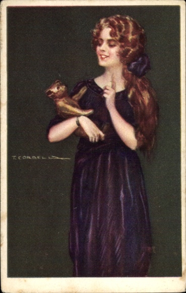 Artist Postcard Corbella, T., Young woman with a teddy