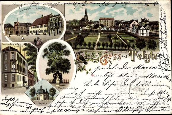 Litho Telgte in Westfalen, marktplein en stadhuis, kapel, Marienlinde, Knickenberg&#39;sches Institut