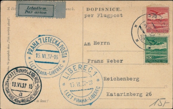 PC Airmail Czechoslovakia, Praha 7 Letecka Posta, Praha - Liberec, airplane in flight