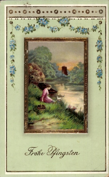 Glitter embossed PC Happy Pentecost, woman sitting on the shore
