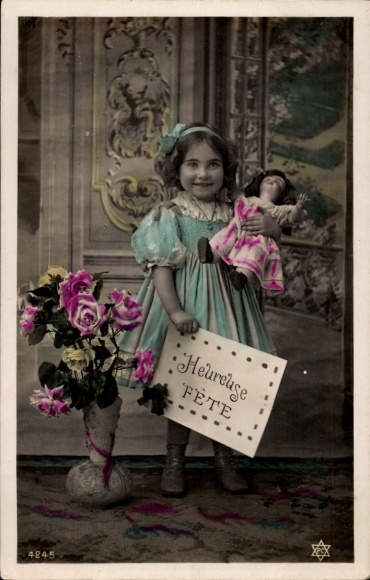 Postcard birthday greeting, girl with doll, roses in vase