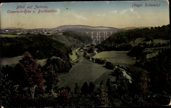 Postcard Jocketa Pöhl Vogtland, Panorama, Elstertal Bridge and Barthmühle, tracks