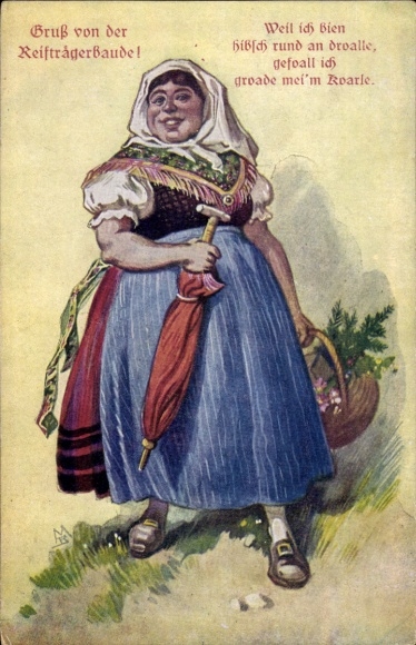 Postcard Silesian farmer's wife, greetings from the Reifträgerbaude