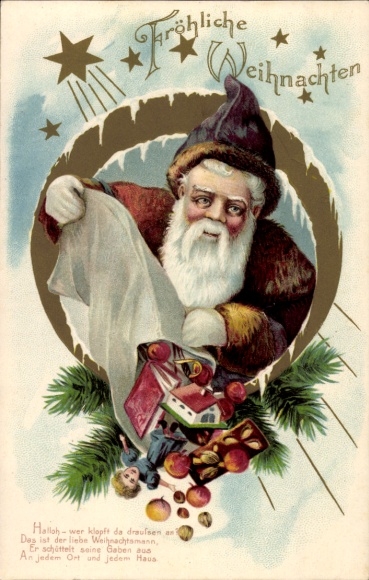 litho gefeliciteerd Kerstmis, Kerstman met cadeautjes, peperkoek