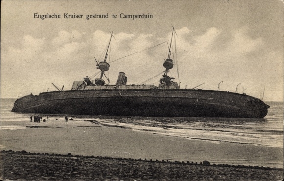 Postcard Kamperland Noord Beveland Zeeland Niederlande, English cruiser stranded at Camperduin