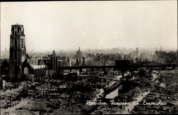 foto Rotterdam Zuid-Holland Nederland, Panorama va Erasmushuis, oorlogsschade, II WO