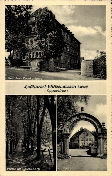Postcard Willebadessen in Westphalia, Heart of Jesus Hospital, Am Pascheberg, Castle Gate