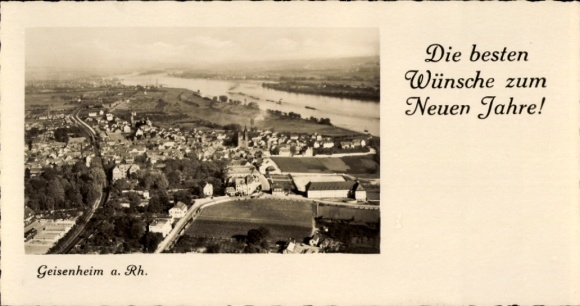Postcard Geisenheim am Rhein Hesse, aerial view of Geisenheim, Rhine, New Year's wishes