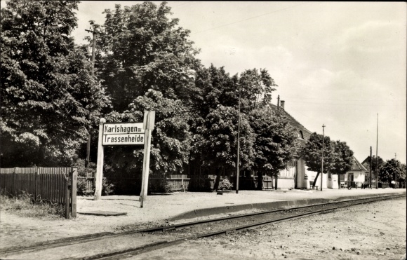 Postcard Karlshagen Trassenheide Usedom, train station, track side