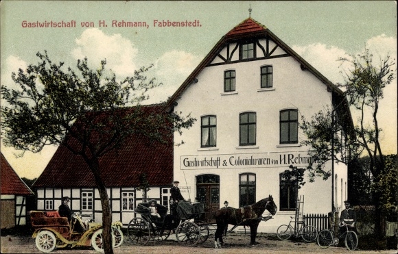 Ak Fabbenstedt Espelkamp in Westfalen, Gastwirtschaft, Kolonialwarenhandlung, Kutsche, Auto