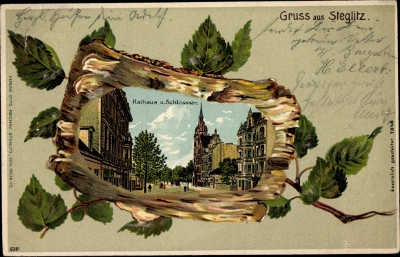Embossed birch wood Chromo-Litho Berlin Steglitz, Rathaus, Schlossstrasse