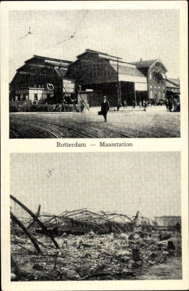 Ansichtkaart Rotterdam Zuid-Holland Nederland, Maasstation, ruïnes, oorlogsschade WO II