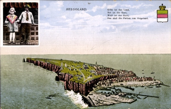 Postcard North Sea island Heligoland, general view, bird's eye view, children in traditional costume