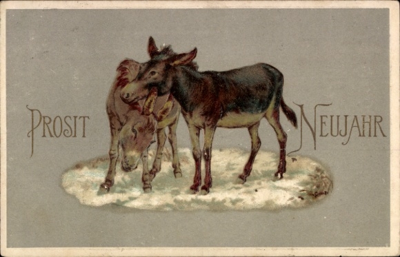 Embossed PC Happy New Year, two donkeys