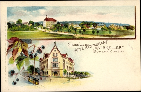 Chromo-Litho Dresden Bühlau, Hotel Restaurant Ratskeller, view of the town