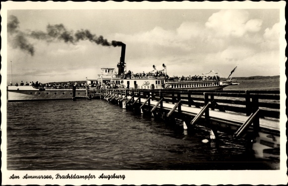 Postcard Ammersee, magnificent steamer Augsburg, landing stage