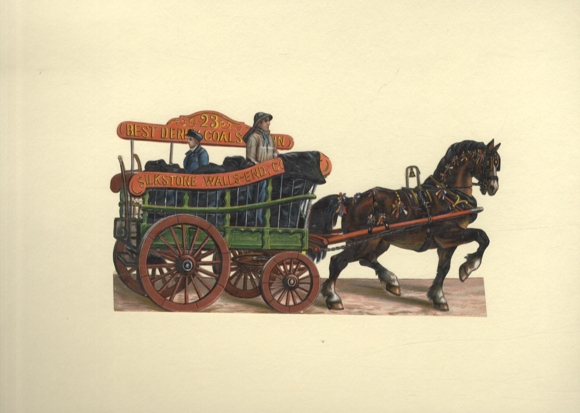 Wózek transportowy oblat z napisem, robotnik, ozdobiony koń, wymiary ok. 10 x 19 cm