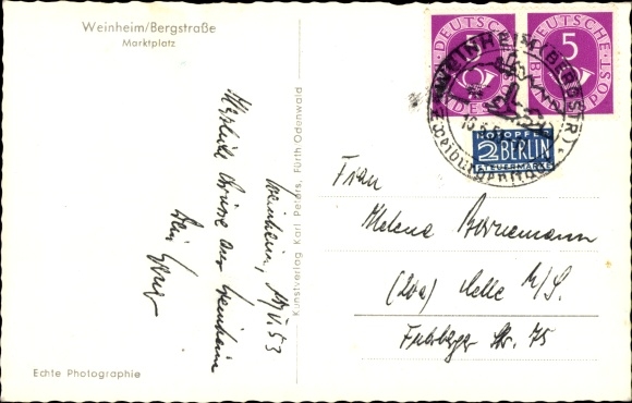 Postcard Weinheim on the Bergstrasse Baden, market square, church, Windeck Castle, Wachenburg, wine restaurant