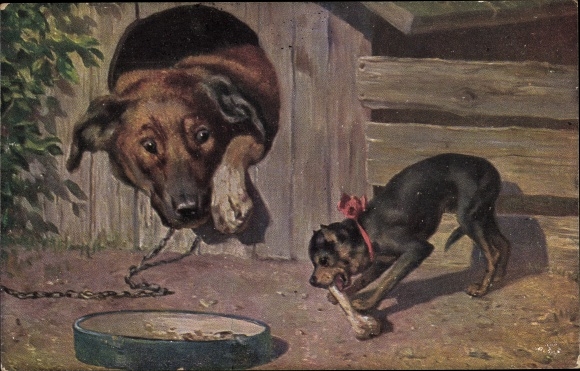 Artist Postcard dog in kennel, small dog eats bones