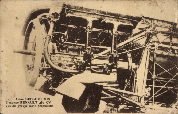 Postcard Breguet XIX aircraft with Renault 480 CV engine, view of the engine