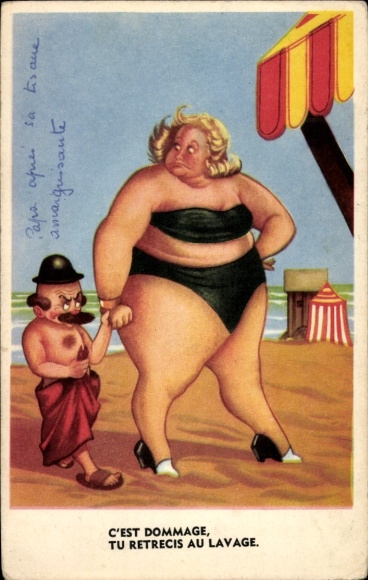 Ak Ehepaar am Strand, Bademode, Übergewichtige Frau