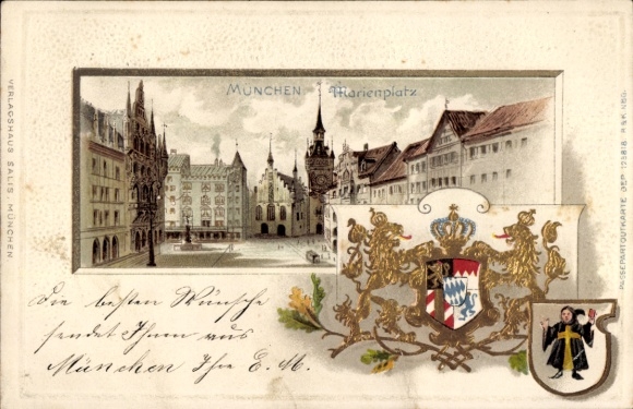 Präge Wappen Litho München, Marienplatz, Münchner Kindl