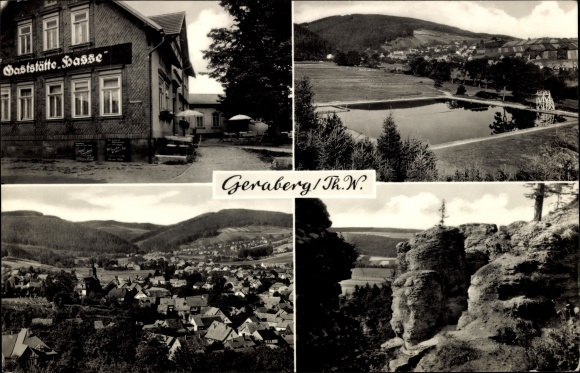 Postcard Geraberg in Thuringia, Hasse restaurant, panorama, outdoor pool, rocks