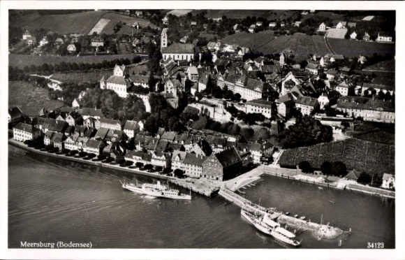 Postcard Meersburg on Lake Constance, view over the town, ship