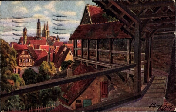 Artist Postcard Marschall, V., Rothenburg Middle Franconia, View from the battlement to the town hall and St. James' Church
