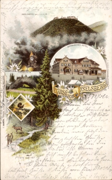 Litho Brotterode in Thüringen, Inselsberg, Thorstein, Gothaisches Hotel, Zwerg