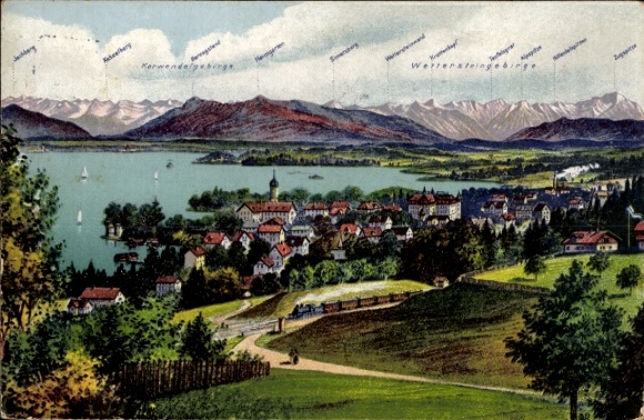 Postcard Tutzing in the district of Starnberg, Upper Bavaria, village with landscape view, Karwendel Mountains, Jochberg