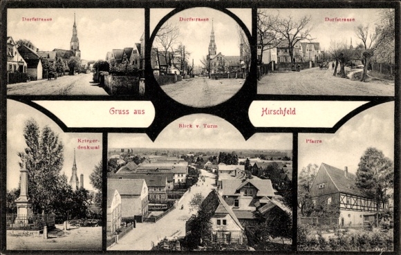 Postcard Hirschfeld in Saxony, village street, war memorial, view from the tower, parish