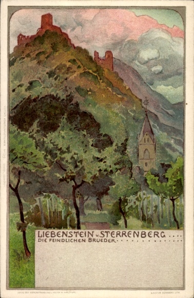 Kunstenaar litho Franz Hein, Kamp Bornhofen Rijnland-Palts, Liebenstein en Sterrenberg, kasteelcomplexen
