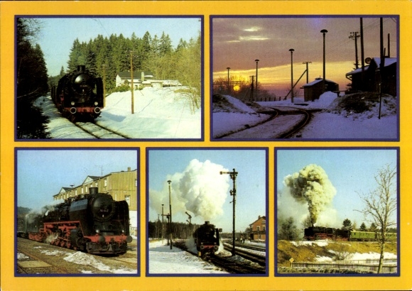 Postcard Vogtland tour, traditional locomotive 50 849 of the DR, Thoßfell, Zwotental, Muldenberg, Schöneck