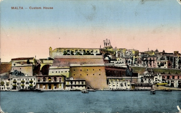 Picture Valletta Malta, harbor view, Custom House, water, houses, sky in pastel colors