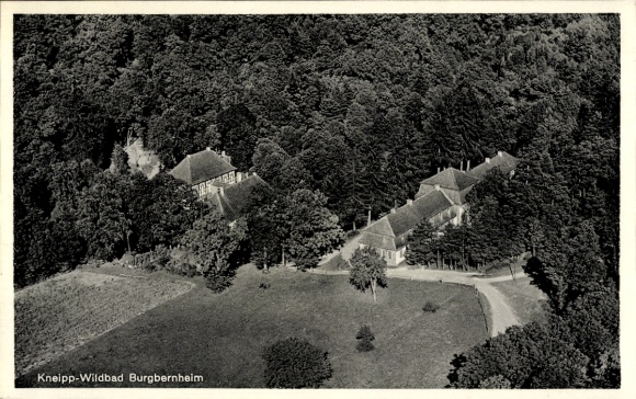 Postcard Wildbad Burgbernheim Middle Franconia Bavaria, aerial view of Kneipp-Wildbad forest, building, path