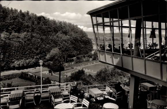 Postcard Bad Driburg in Westphalia, view from Cafe Falkenhöhe to the swimming pool