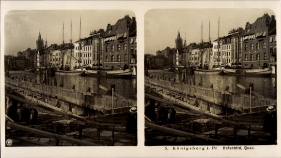 Stereo Postcard Kaliningrad Königsberg East Prussia, harbor view, quay