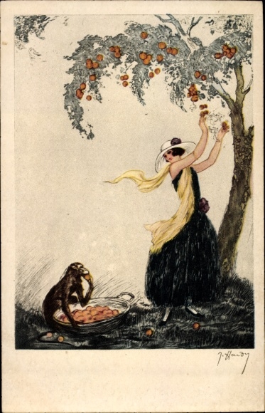 Artist PC Hardy, J., Vrouw die sinaasappels plukt, aap