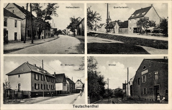 Ak Teutschenthal im Saalekreis, Vierteilansicht von  Halleschestr., Querfurterstr., Gr. Mittelstr