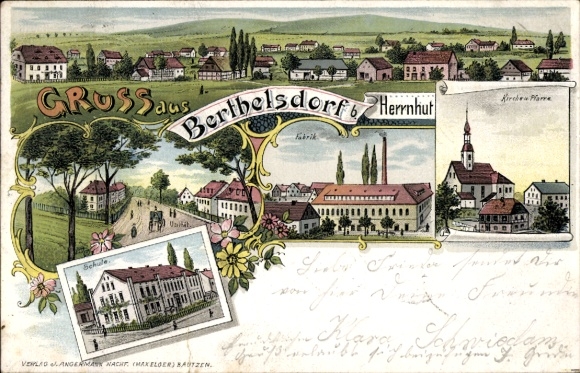Litho Berthelsdorf Herrnhut in der Oberlausitz, Kirche, Schule, Pfarre, Fabrik
