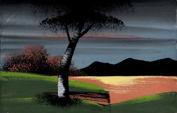 Hand-painted Postcard Lake in the moonlight, mountains