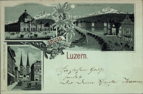 Mondschein Litho Luzern Stadt Schweiz, Bahnhof, Kirche, neue Brücke